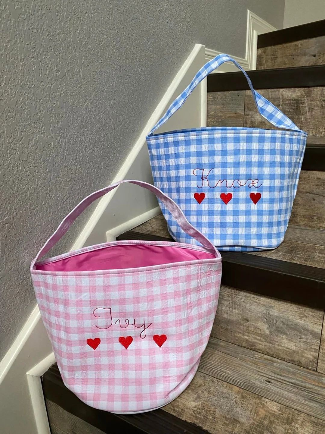Gingham Valentine Basket, Personalized Heart Basket, Embroidered Valentine Basket, Personalized H... | Etsy (US)