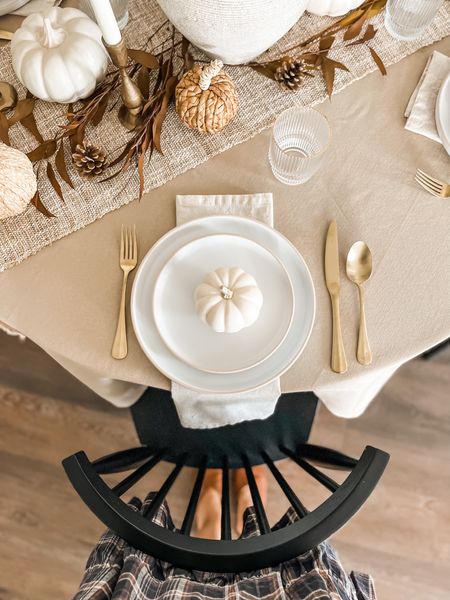 Thanksgiving table setting with @wayfair. #ad 
Dinnerware set, gold flatware, cloth napkins, taper candle holders. 

#LTKunder100 #LTKHoliday #LTKSeasonal