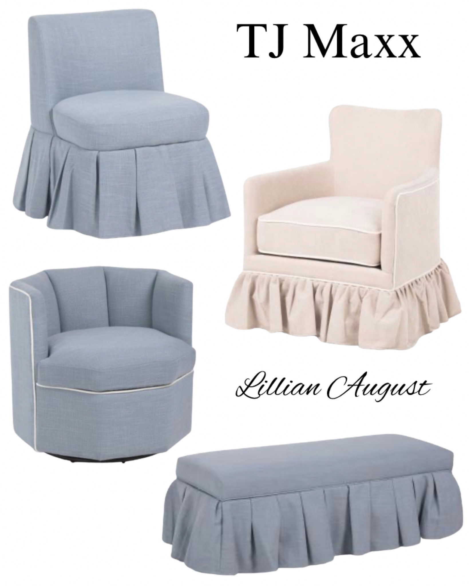 Lillian August furniture on sale at TJ Maxx, blue, upholster chair, skirted bench, living room, dining room, kitchen, seating, French, modern, coastal.

#LTKSaleAlert #LTKHome