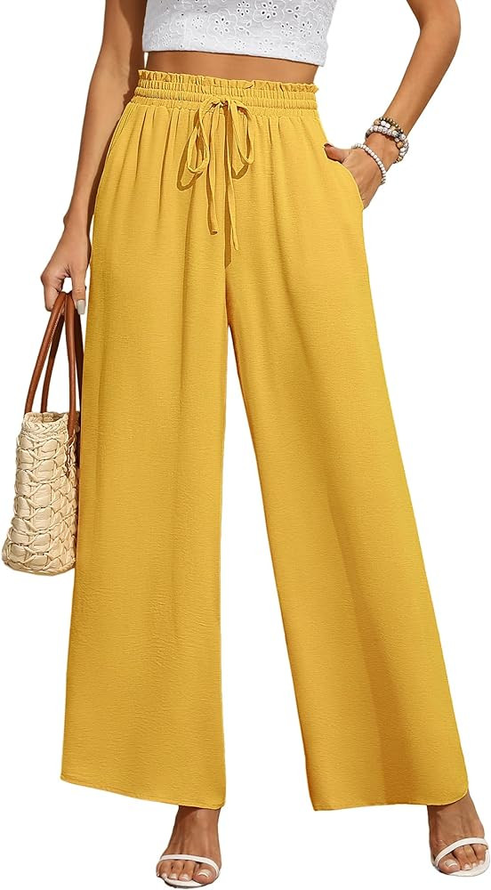 CZYINXIAN Women's Casual Wide Leg Pants Flowy Adjustable Tie Knot Elastic Waist Pants with Pocket... | Amazon (US)