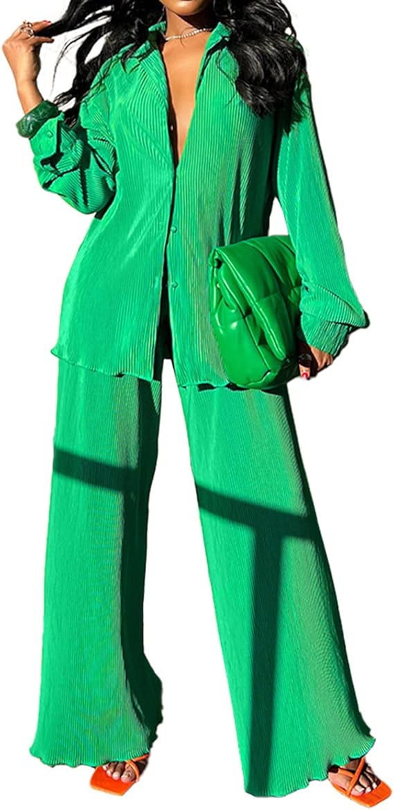 Salimdy Women 's Casual 2 Piece Outfits Long Sleeve Button Down Pleated Shirt Blouse Pants Set Se... | Amazon (US)