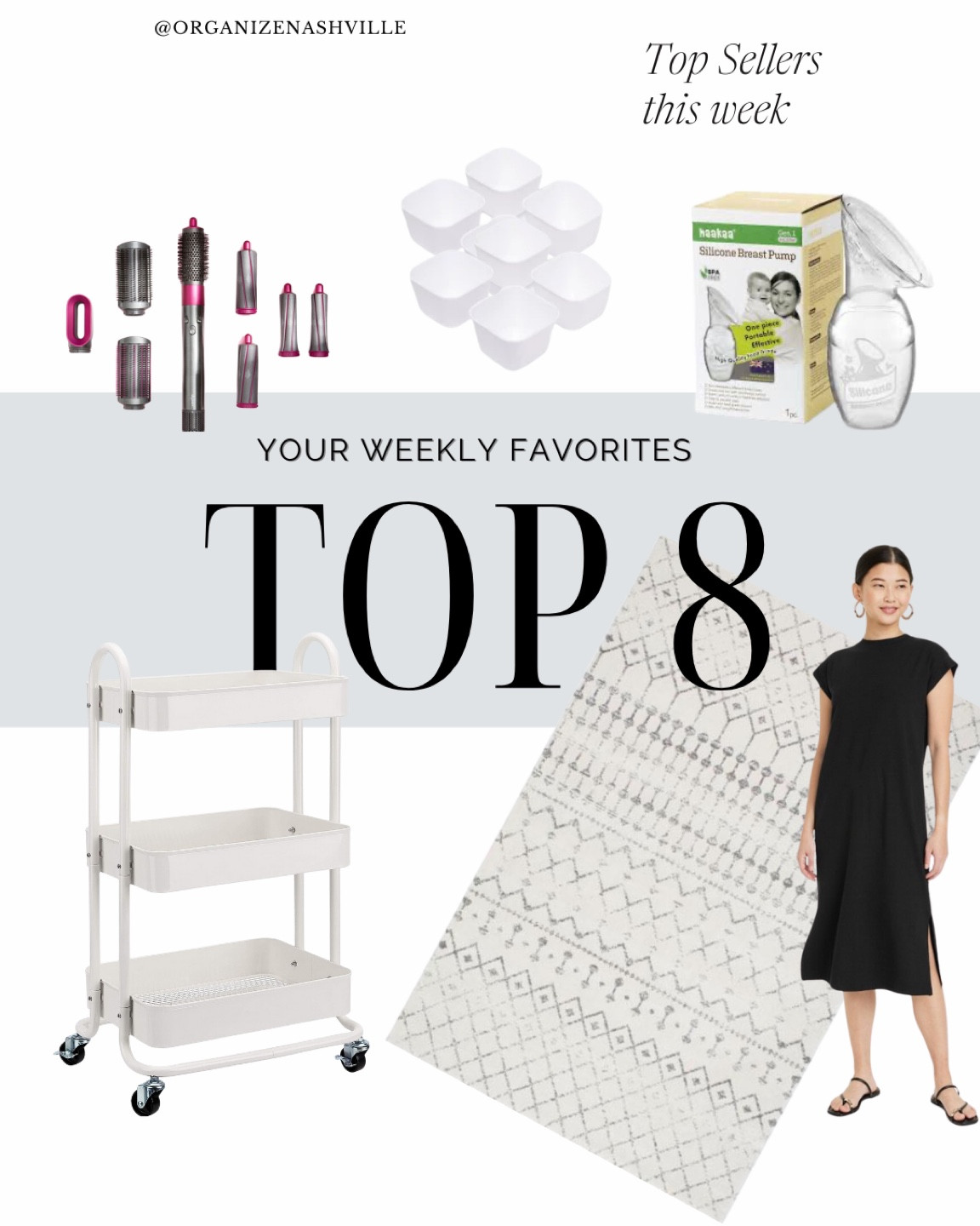 So many great best sellers this week! I love seeing what your favorites. Many of the nursing cart items are on this list, plus the dress version of my go-to summer tshirt. Here is the full list:

1. Dyson airwrap dupe 
2. Storage trays
3. Nursing cart / art cart 
4. Wear everywhere tshirt dress 
5. Moroccan rug 
6. Haaka
7. Storage bin with handles 
8. Amazon favorites (they won’t let me see what these are 😫)

