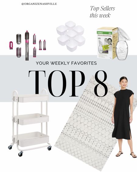 So many great best sellers this week! I love seeing what your favorites. Many of the nursing cart items are on this list, plus the dress version of my go-to summer tshirt. Here is the full list:

1. Dyson airwrap dupe 
2. Storage trays
3. Nursing cart / art cart 
4. Wear everywhere tshirt dress 
5. Moroccan rug 
6. Haaka
7. Storage bin with handles 
8. Amazon favorites (they won’t let me see what these are 😫)

