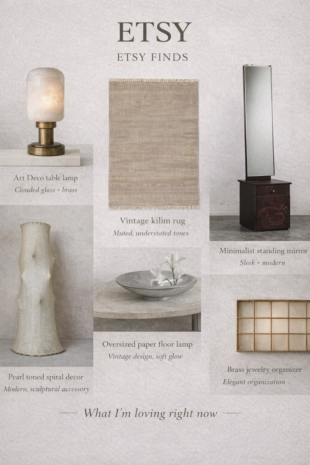 A softer, more sculptural edit from my current @Etsy  finds.

Lately I’ve been gravitating toward pieces that feel tactile and understated — clouded glass, aged brass, raw ceramics, and textiles with muted depth. Everything here has that quiet presence that elevates a space without overwhelming it.

I’m especially drawn to the balance of function and form — lighting that doubles as sculpture, storage that feels considered, and vintage elements that add warmth and history.

These are the kinds of pieces that don’t just fill a space, they define it.

Save this if you’re building a home that feels collected, calm, and intentional 🤍
#ad #Etsy #EtsyCreatorCo 