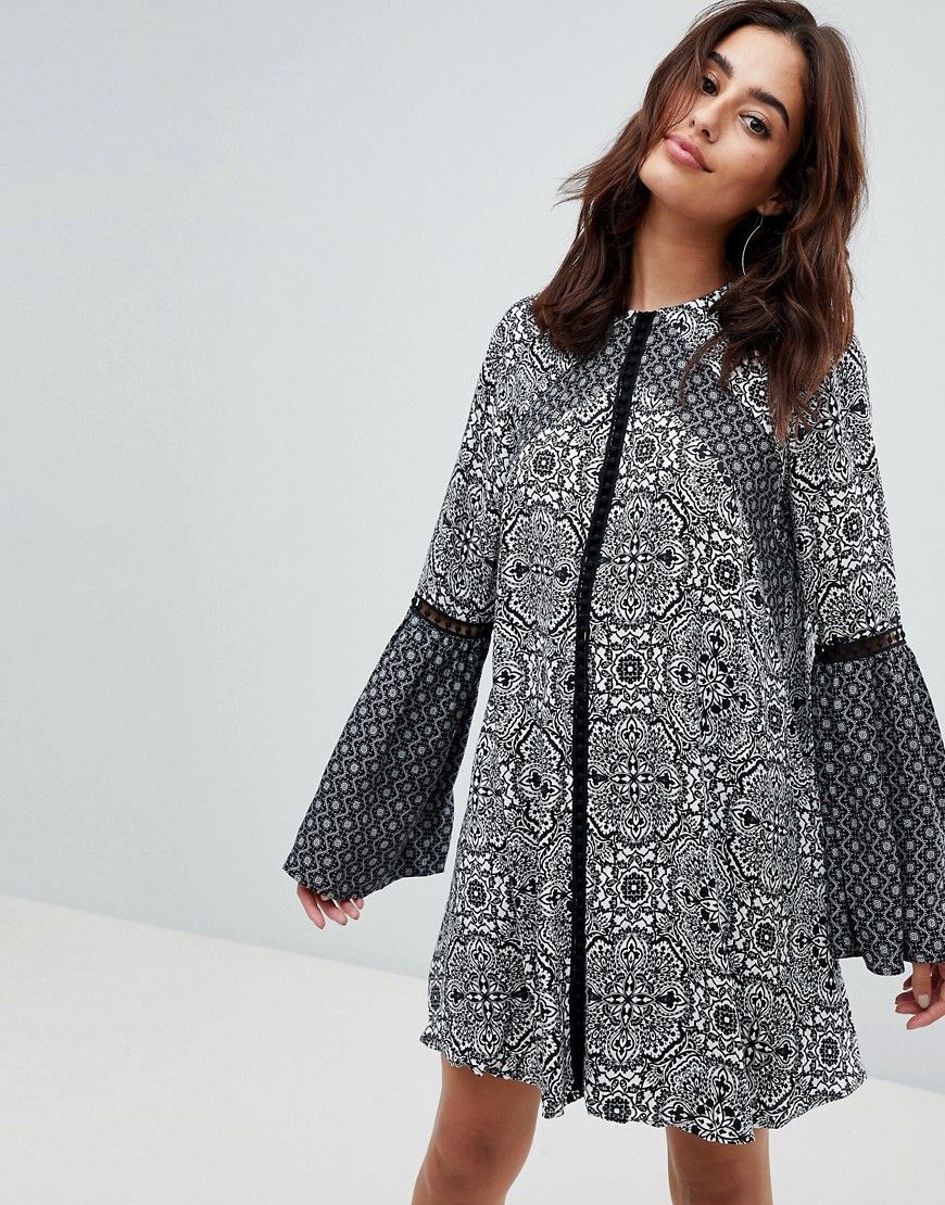 The Jetset Diaries Lilith Tile Print Mini Dress with Trumpet Sleeves - Navy | ASOS US