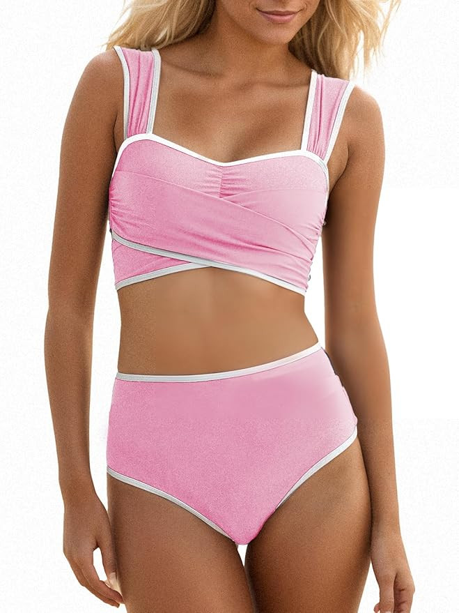 Saodimallsu High Waisted Bathing Suits for Women 2 Piece Bikini Sets Retro Wrap Tie Back Color Bl... | Amazon (US)