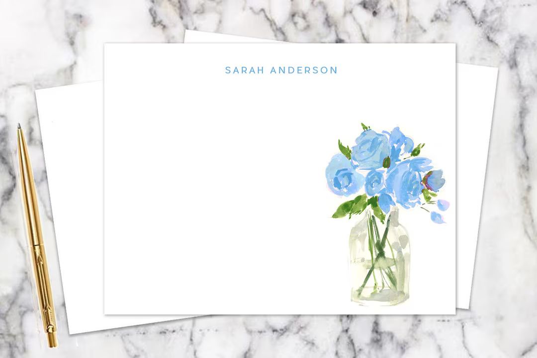 Personalized Stationery: Light Blue Flowers in a Glass Vase - Etsy | Etsy (US)