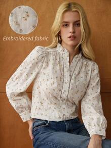 Écloséra Solid Color Floral Embroidered Long Sleeve Shirt, Spring/Autumn French Retro Three-Dim... | SHEIN