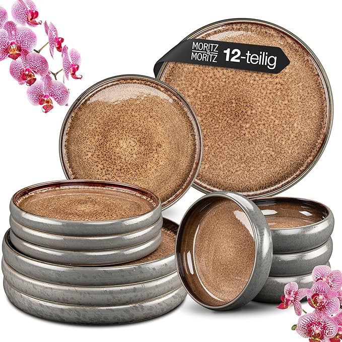 Moritz & Moritz 12 Piece Stoneware Dinnerware Set for 4 People, Brown – Dinner Plates, Dessert ... | Amazon (US)