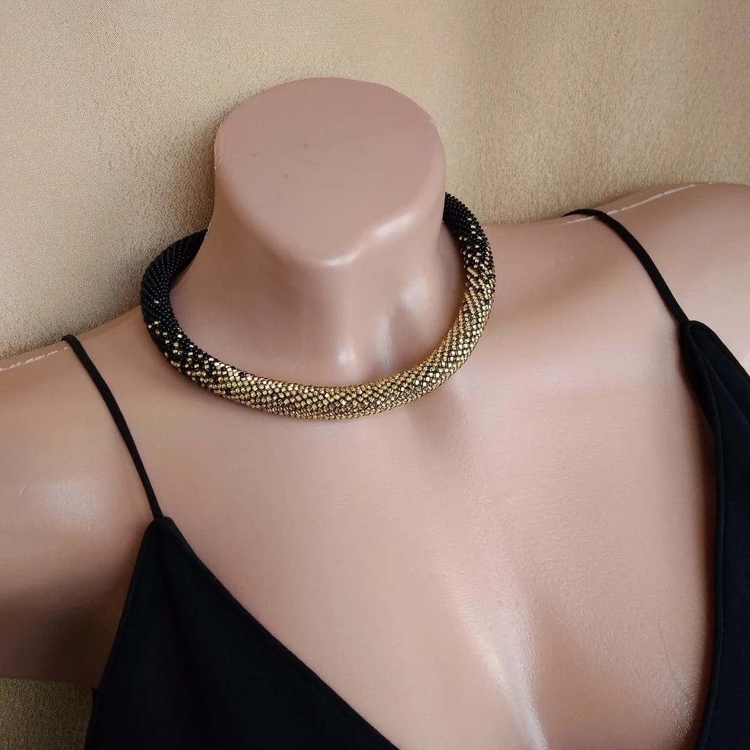 Black and Gold Chunky Crochet Beaded Necklace Beadwork Jewelry Everyday Crochet Rope Wire Choker ... | Etsy (US)