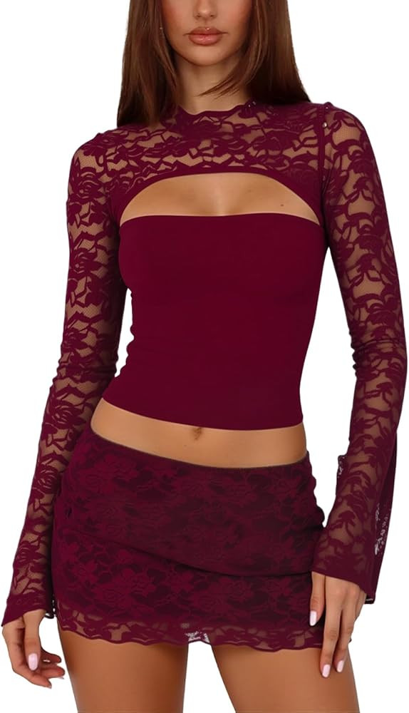 Womens Sexy 2 Piece Mini Skirt Set Long Sleeve Lace Cutout Top Double Lace Mini Bodycon Skirt Y2K... | Amazon (US)