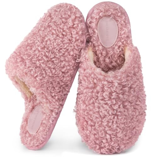 Snug Leaves Women's Scuff Slippers Furry Cute Curly Faux Wool Slip-on Indoor Memory Foam House Shoes Baby Pink, 5-6 US | Amazon (US)