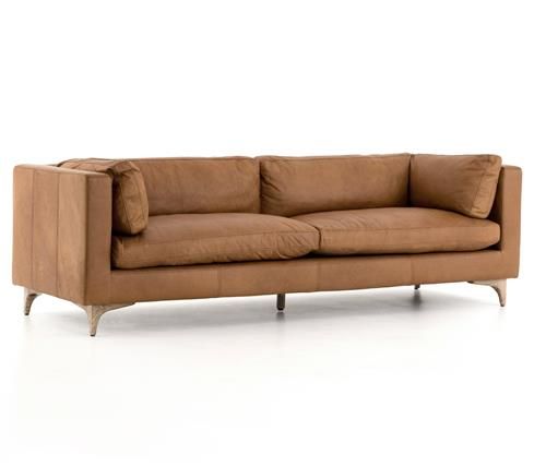 Romina Mid Century Modern Tan Leather Cushion Back Sofa | Kathy Kuo Home