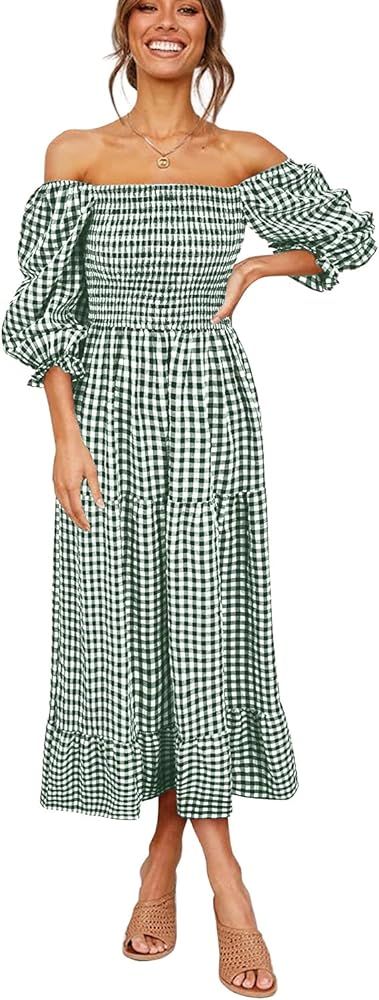 Jollycode Women's Puff Sleeve Boho Flowy Cottagecore Off The Shoulder Summer Casual Plaid Ruffle Mid | Amazon (US)