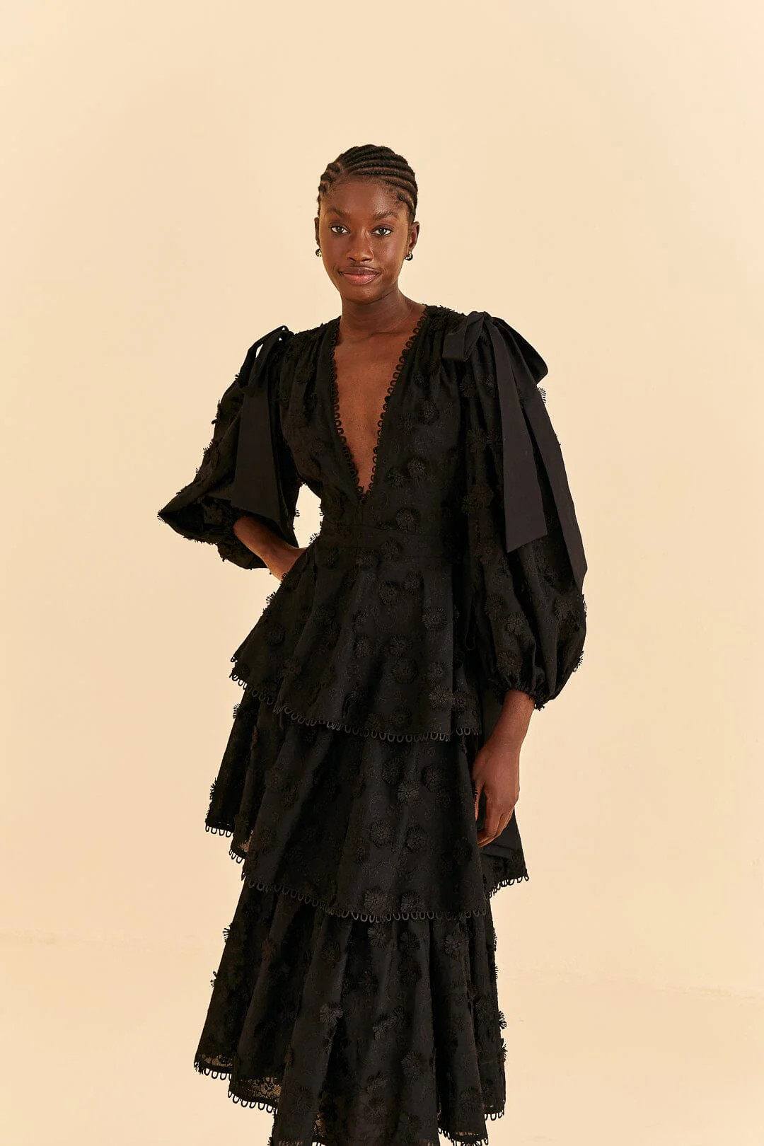 black flowers textured tiered midi dress | FarmRio (US)