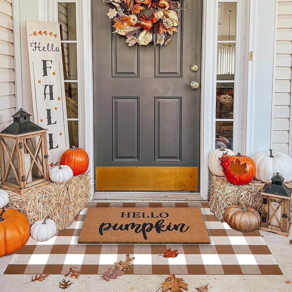 Fall Decor Doormat Combo Set, 100% Coco Coir Welcome Mat + 3' x 5' Coffee and White Plaid Rug - F... | Amazon (US)