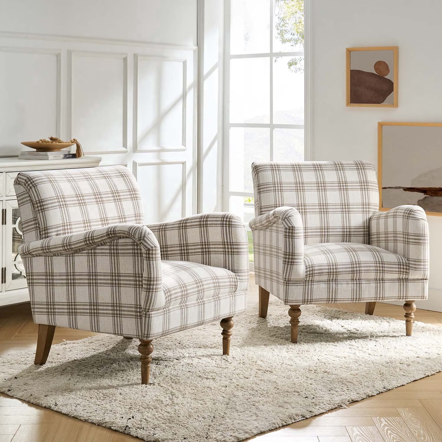 Tina's Home Modern Plaid Accent Chair Upholstered Armchair Adult Home Bedroom Living Room Tan | Walmart (US)
