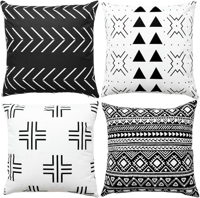 WLNUI Set of 4 Black Boho Modern Pillow Covers 18x18 Inch Square Farmhouse Throw Pillow Covers Ge... | Amazon (US)