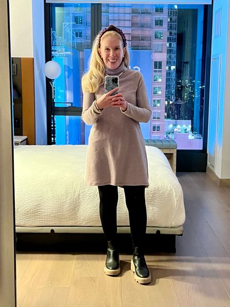 Hotel mirror selfie with Times Square in the background! 
.
It does not get better than this. 
.
Staying warm and comfortable with a sweater dress, headband from Lele Sadoughi, and Chelsea sock boots that I’ve been wearing on repeat.

#LTKHoliday #LTKSeasonal #LTKover40