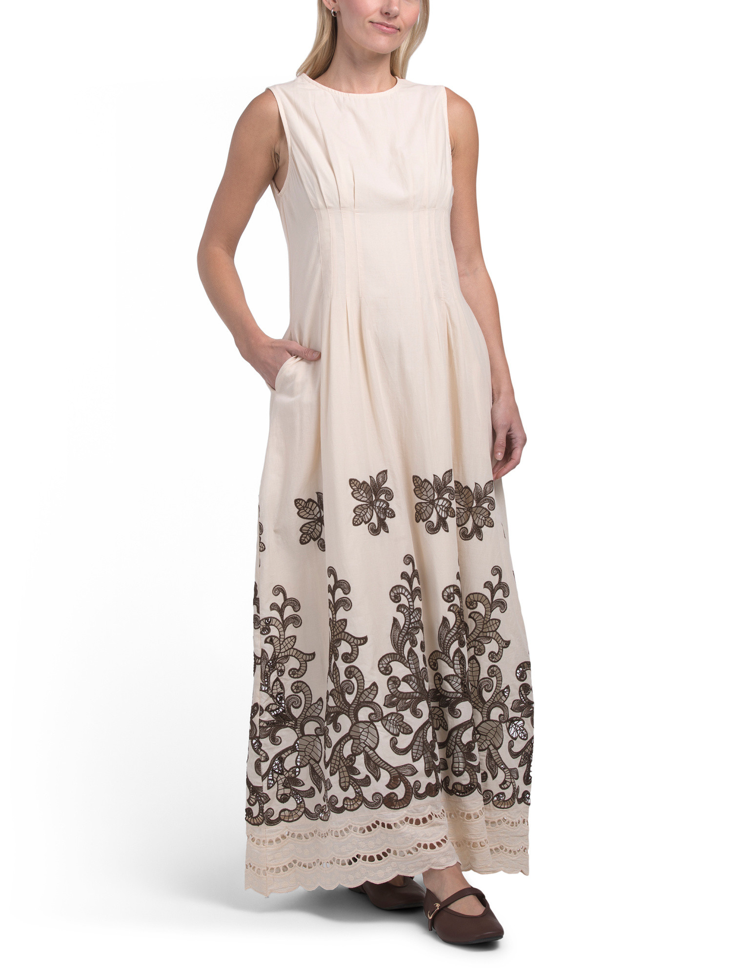 Sleeveless Pleated Waist Embroidered Cut Out Maxi Dress | TJ Maxx