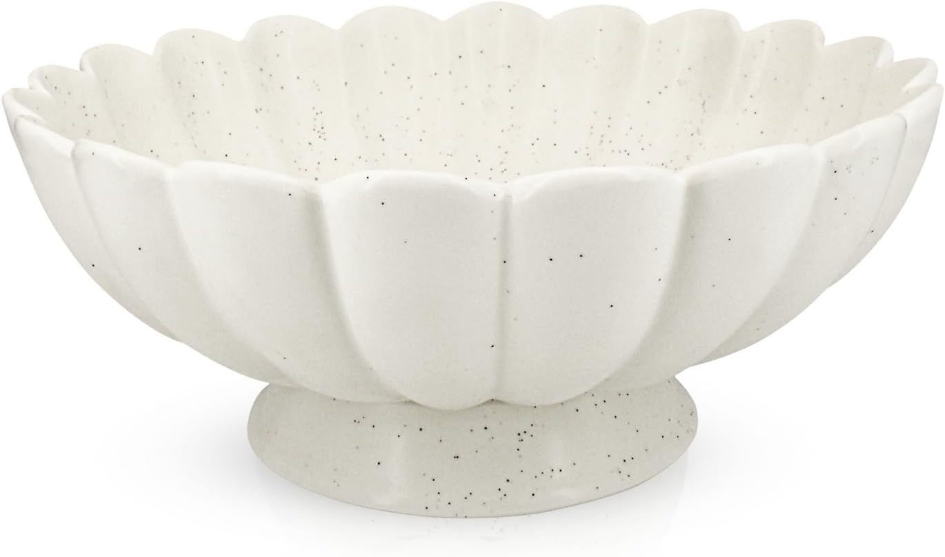 Large Fruit Bowl for Kitchen Counter-10.6" White Ceramic Fluted Scalloped Decorative Footed Bowl ... | Amazon (US)