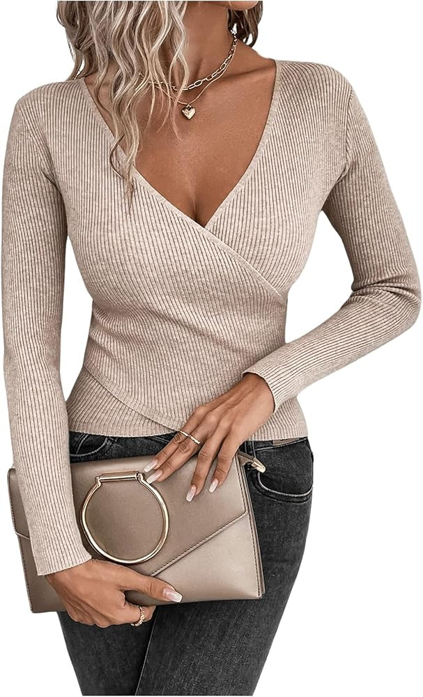 Women's Wrap Sweater Long Sleeve Deep V Neck Pullover Sweaters Tops | Amazon (US)