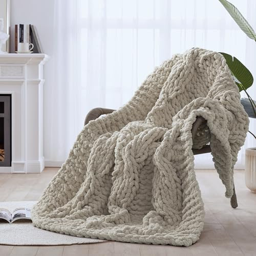 CLOUDS HUG Chunky Knit Blanket Throw - 100% Hand Knitted Chunky Throw Blanket for Couch, Thick and Warm Blanket for Winter, Linen, 50x60 Inches, Crochet Blanket | Amazon (US)