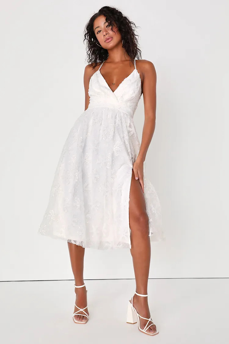 Angelic Moment White Swiss Dot Sequin Tulle Midi Dress | Lulus (US)