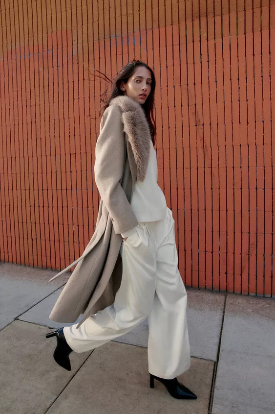 WOOL COAT WITH FAUX FUR LAPEL AND BELT | Zara US
