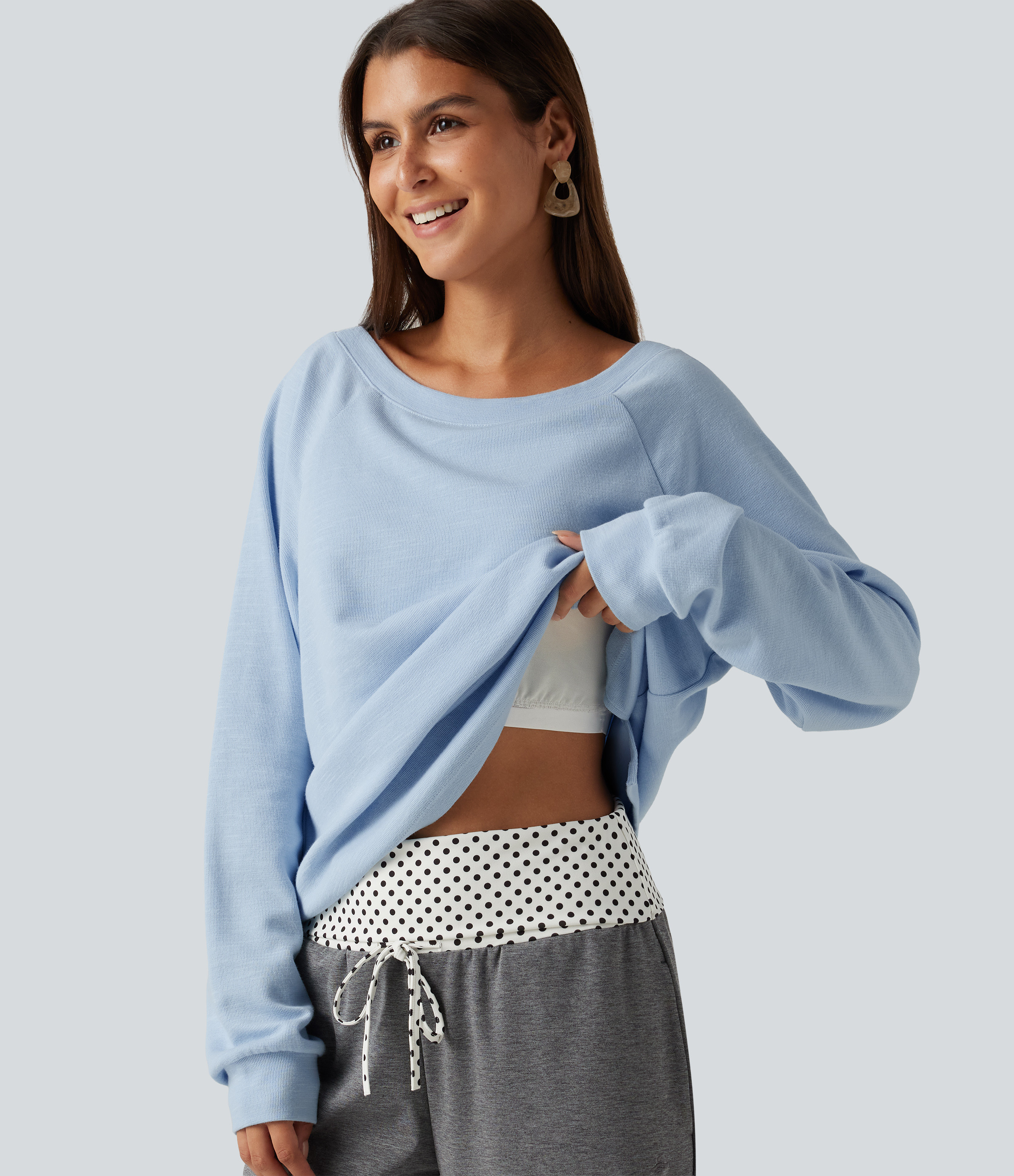 Halara Boat Neck Raglan Long Sleeve Built-in Bra Casual Cotton Sweatshirt  - Sky Blue Foam - S | HALARA