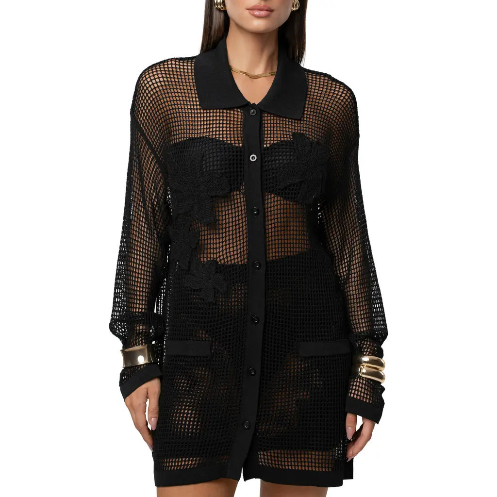 JLUXLABEL Solara Floral Appliqué Open Stitch Cover-Up Shirt in Black at Nordstrom, Size Small | Nordstrom