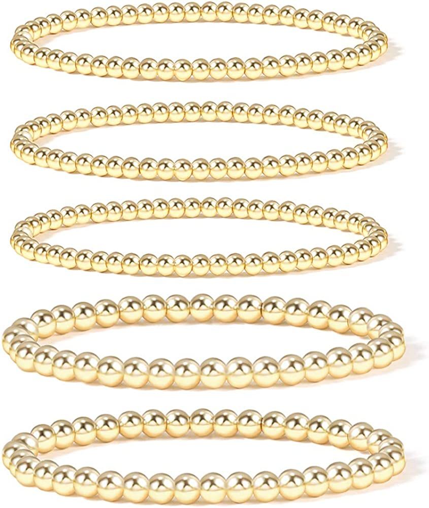 Gold Bead Bracelet for Women,14K Gold Plated Bead Ball Bracelet Stretchable Elastic Bracelet | Amazon (US)