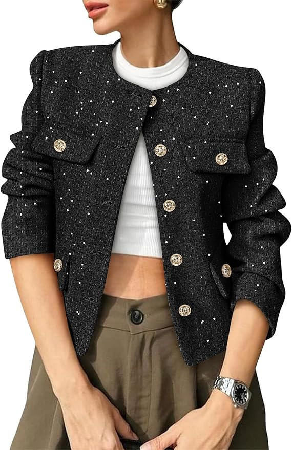 Women's Tweed Blazers Trendy Fall Casual Collarless Button Down Sequin Tops Cropped Jackets with ... | Amazon (US)