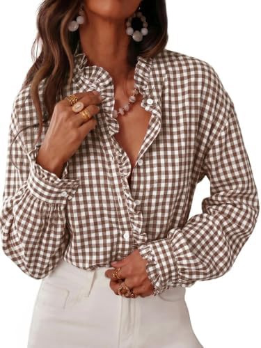 Cicy Bell Womens Plaid Shirts Ruffle Puff Long Sleeve V Neck Gingham Tops | Trendy Casual, Button... | Amazon (US)