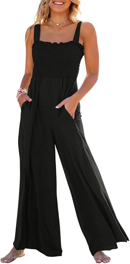Caracilia Womens Casual Loose Sleeveless Tank Jumpsuits Square Collar Smocked Wide Leg Jumpsuit R... | Amazon (US)