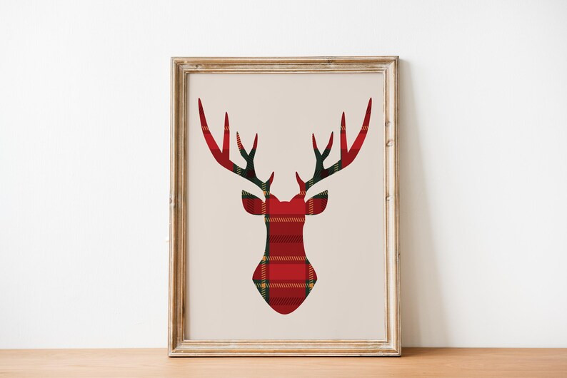 Plaid Reindeer Christmas Art Print, Rustic Holiday Decor, Cozy Farmhouse Christmas Wall Art, Plai... | Etsy (US)