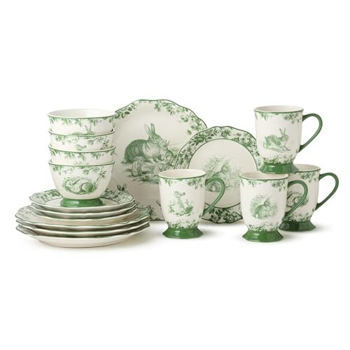 Le Jardin Bunny 16-Piece DINNERWARE SET, SERVICE FOR FOUR – Elegant Stoneware Plates, Bowls & Mugs for Springtime, Easter, Garden Parties & Everyday Charm – Scalloped Floral Toile Design | Amazon (US)