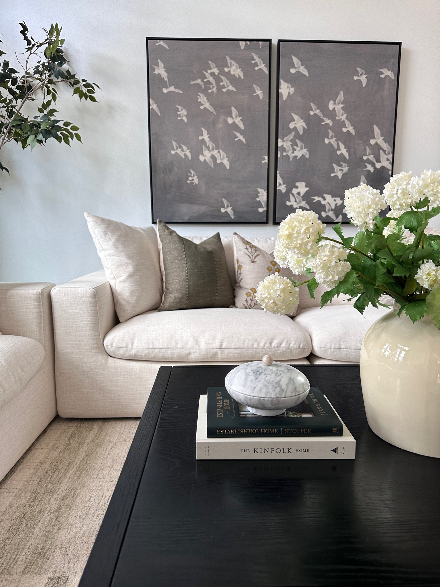 Spring living room vibes! Bird art /Afloral stems /snowball stems /spring decor /spring home decor /living room 

#LTKhome #LTKSeasonal #LTKunder100