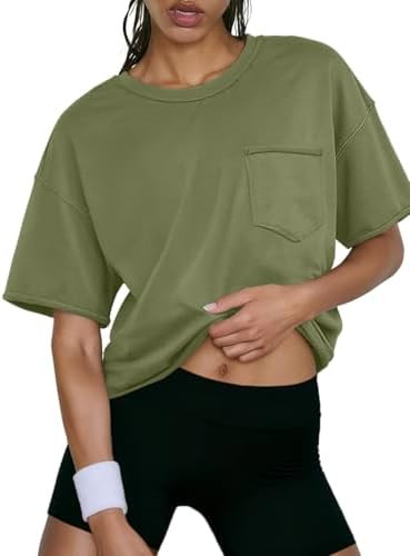 ATHMILE Womens Crop Tops Spring Summer Oversized T-Shirts Short Sleeve Workout Casual Drop Should... | Amazon (US)