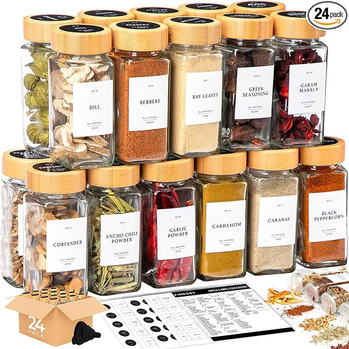 Spice Jars with Labels, Refillable Spice Bottle Storage, Seasoning Containers Set, Bamboo Spice C... | Amazon (US)