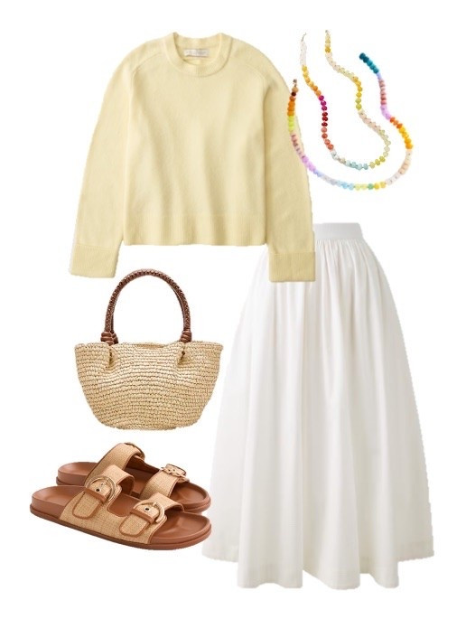 Summer outfit 
Butter yellow sweater 
White maxi skirt outfit 
White midi shirt 
Raffia woven bag 
Colorful beaded necklace

#LTKSeasonal #LTKSaleAlert