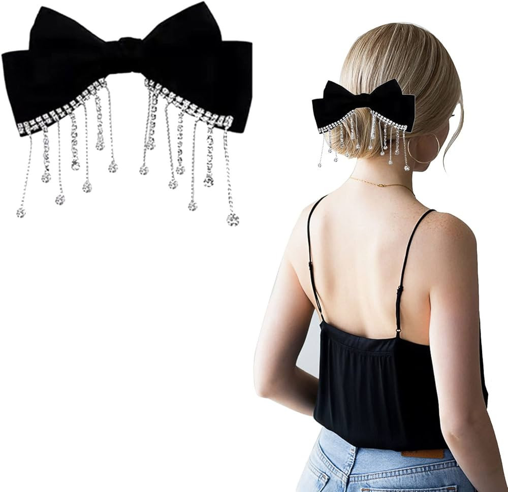 AUOCATTAIL Black Large Bow Hair Clip Rhinestone Bow Fabric Ribbon With Tassel Pendant for Women G... | Amazon (US)