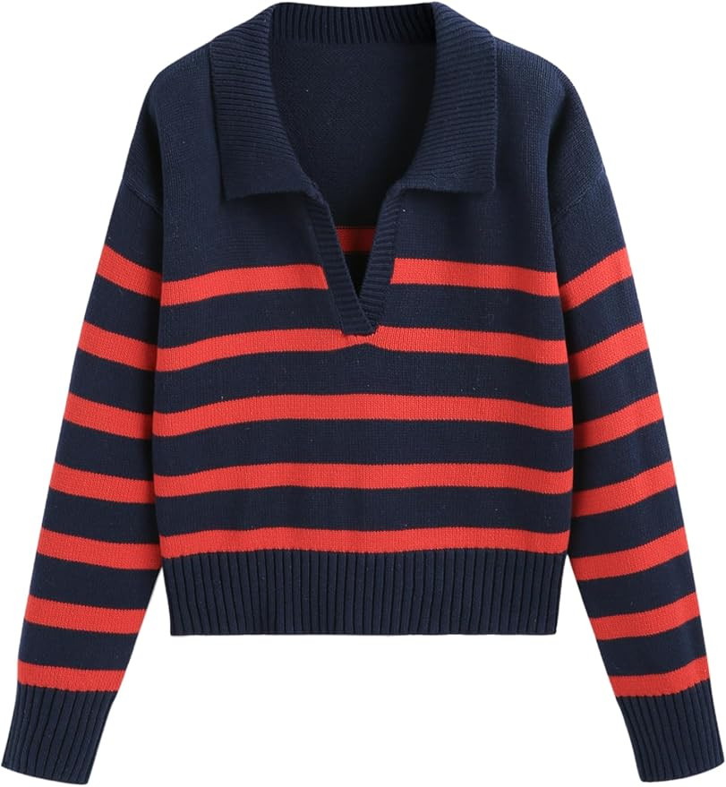 CIDER Women’s Polo Sweater Striped Collared Lightweight Long Sleeve V Neck Pullover Fall Sweate... | Amazon (US)