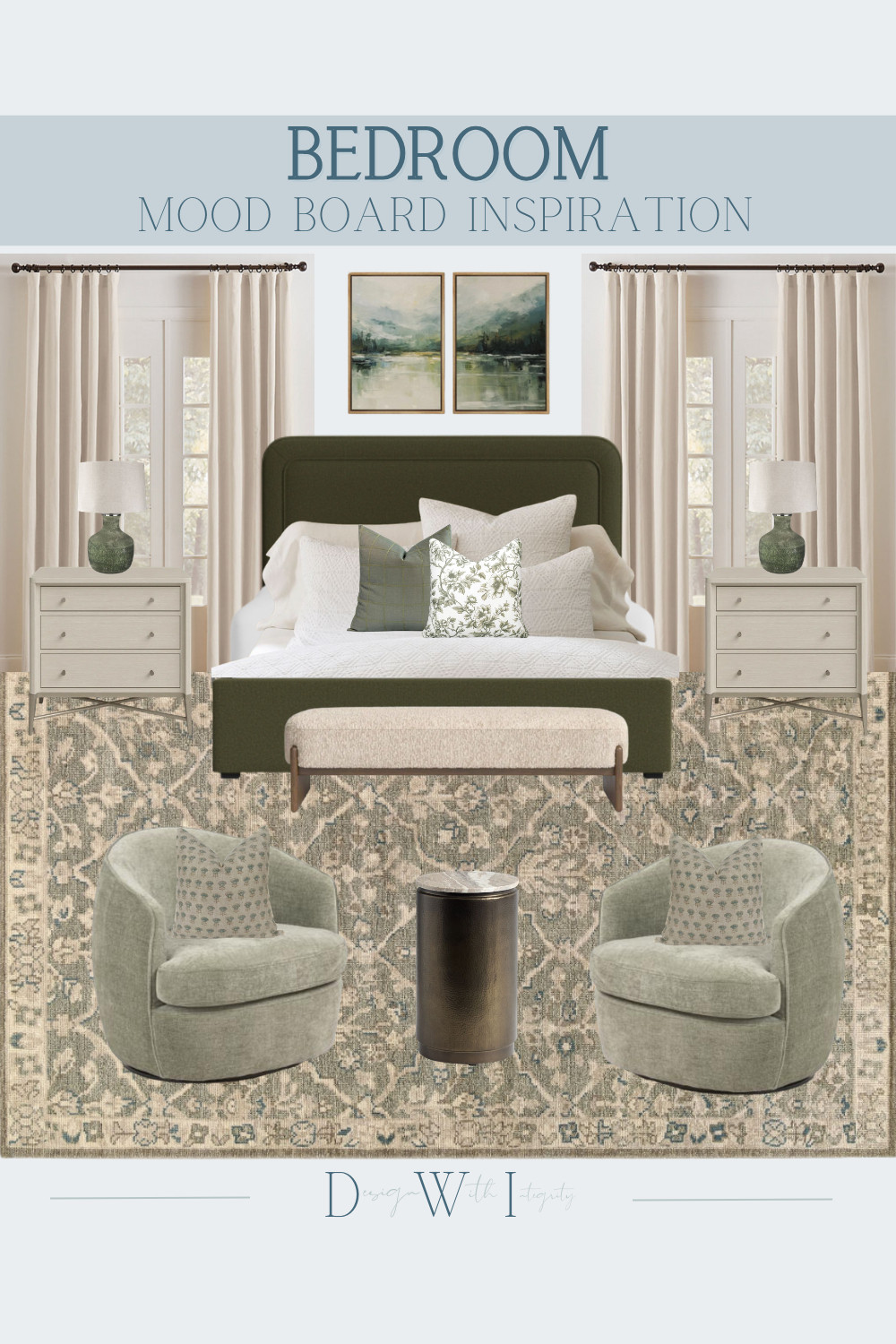 This bedroom mood board blends rich green tones with soft neutrals to create a space that feels grounded, calm, and elevated. The upholstered bed in a deep earthy hue anchors the room, while layered neutral bedding keeps the look light and inviting. Subtle pattern in the pillows adds dimension, and warm wood and brass accents bring in just the right amount of warmth.

The pair of curved accent chairs creates a cozy, conversational moment, making the space feel both functional and thoughtfully designed. Every piece was selected to work together seamlessly.

Tap through to shop all selections and recreate this refined, nature inspired bedroom in your own home.

#bedroominspiration #interiordesign #bedroomdecor #neutralbedroom #greenbedroom #cozyinteriors #homeinspo #bedroomdesign #ltkhome

bedroom mood board
green and neutral bedroom
earth tone bedroom
cozy bedroom decor
upholstered bed
accent chairs bedroom
layered bedding
bedroom furniture inspiration
interior design ideas 

 #LTKHome