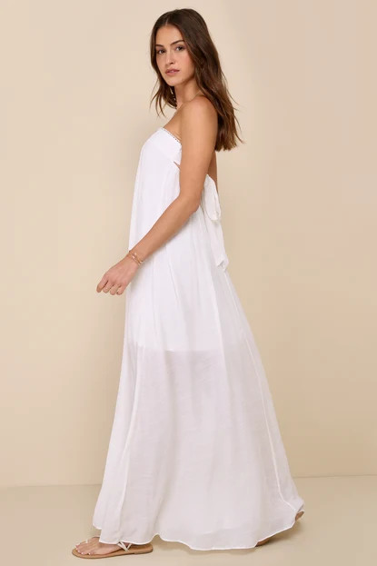 Adoring Sunshine White Crochet Tie-Back Strapless Maxi Dress | Lulus