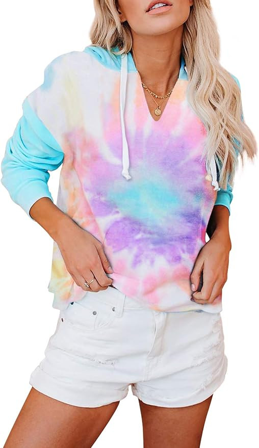 BLENCOT Women's Lightweight Tie Dye Hoodie Sweatshirts Casual Long Sleeve Pullover Hooded Tops | Amazon (US)