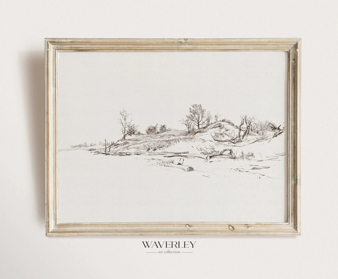 Vintage Landscape Sketch, Neutral Pencil Sketch Print, Minimalist Wall Art, Vintage Nature Print,... | Etsy (US)