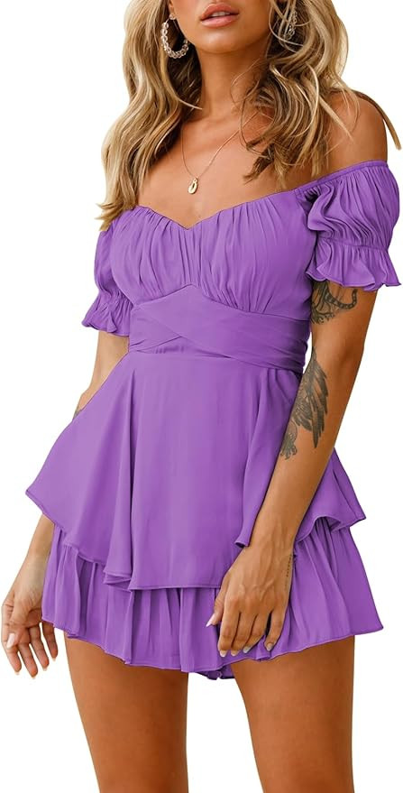 Fixmatti Women Boho Romper Off Shoulder Ruffle Chiffon Shorts Jumpsuit Playsuits | Amazon (US)