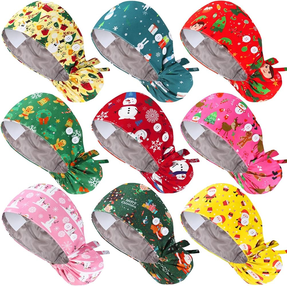 Christmas Satin Lined Scrub Caps Women Bouffant Nursing Hats with Button and Sweatband Adjustable... | Amazon (US)