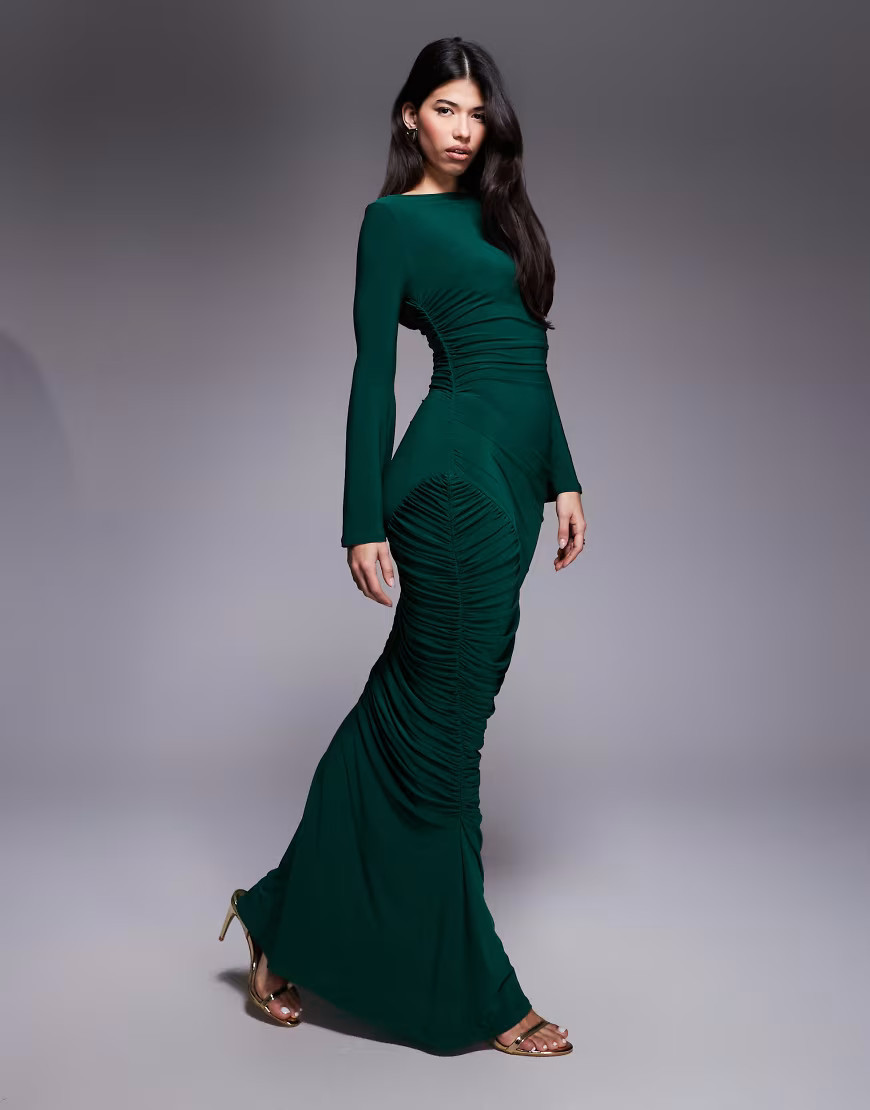 ASOS DESIGN sculpting gauged paneled maxi dress with long sleeves in green | ASOS (Global)